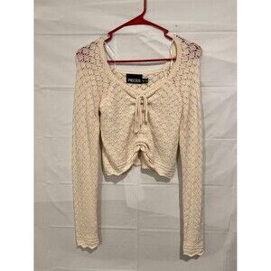 PIECES Cream Crochet Knit Tie Front Crop Sweater Long Sleeve Women’s XS